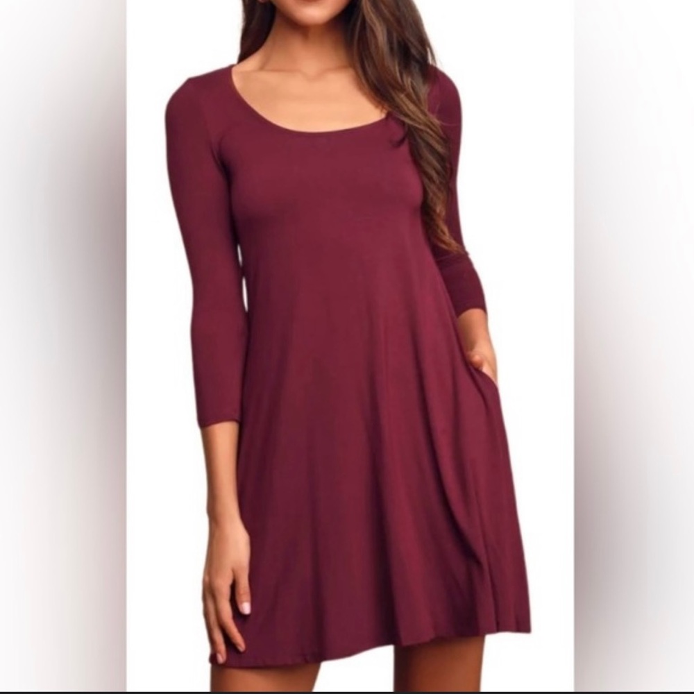 Elegant Burgundy A-Line Swing Dress 3/4” sleeve women’s size S pull on